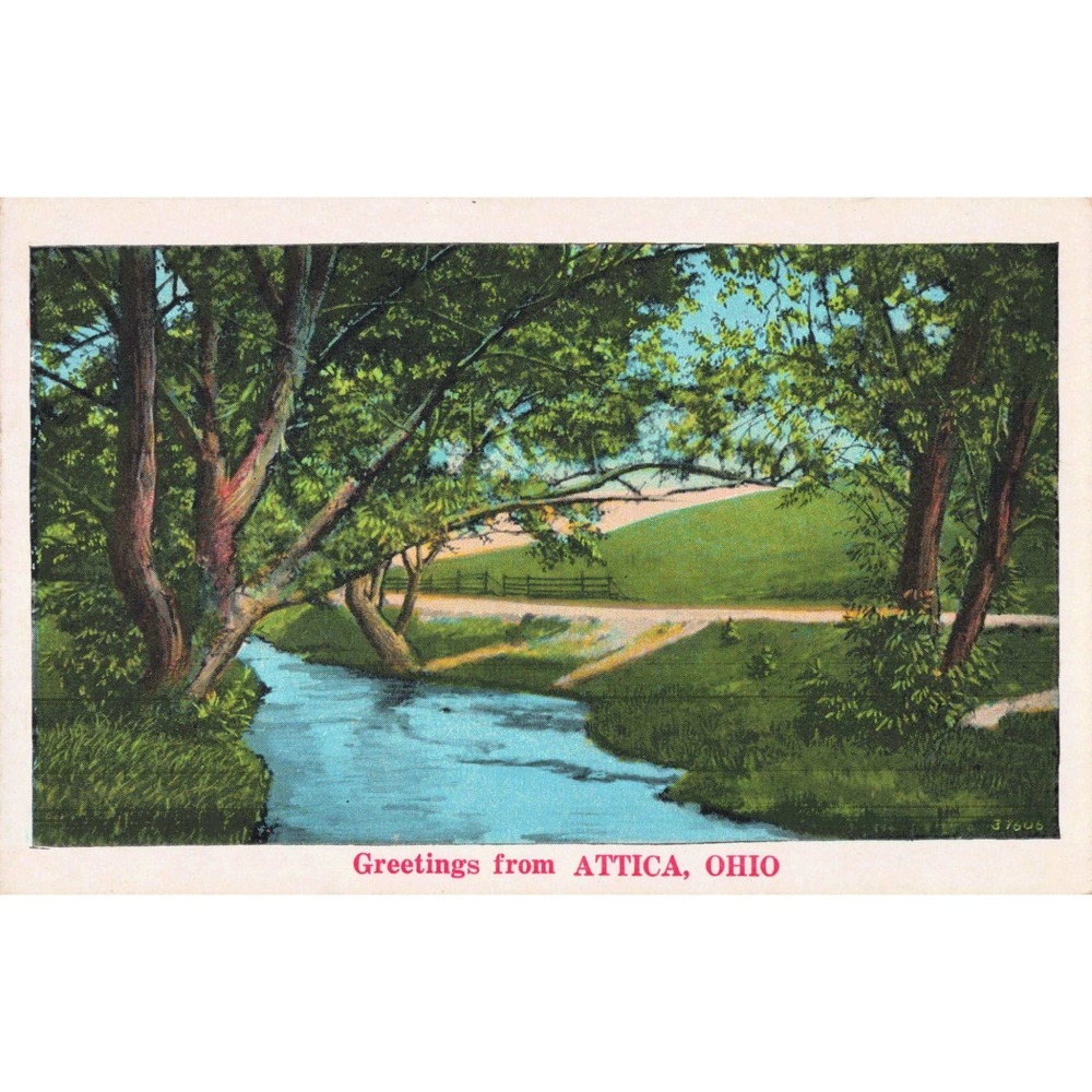 Vintage Greetings from Attica Ohio Linen Postcard Scenic Stream Landscape NYCE - Picture 1 of 2